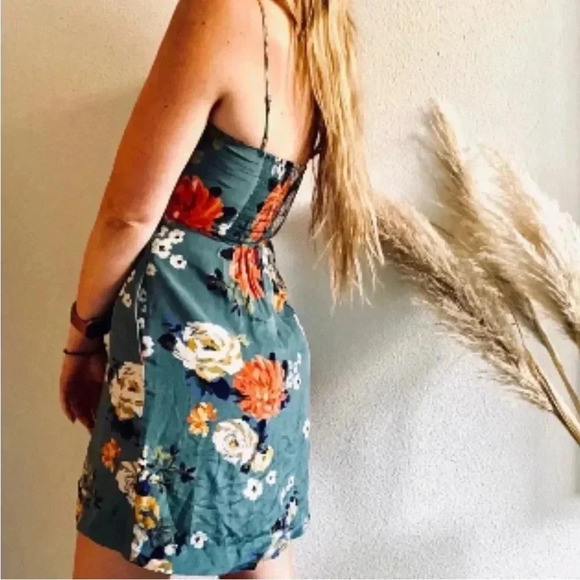 ANTHROPOLOGIE Soeurs Floral Turquoise Spaghetti Strap Pleated Mini Dress 💯 Silk - Picture 3 of 9